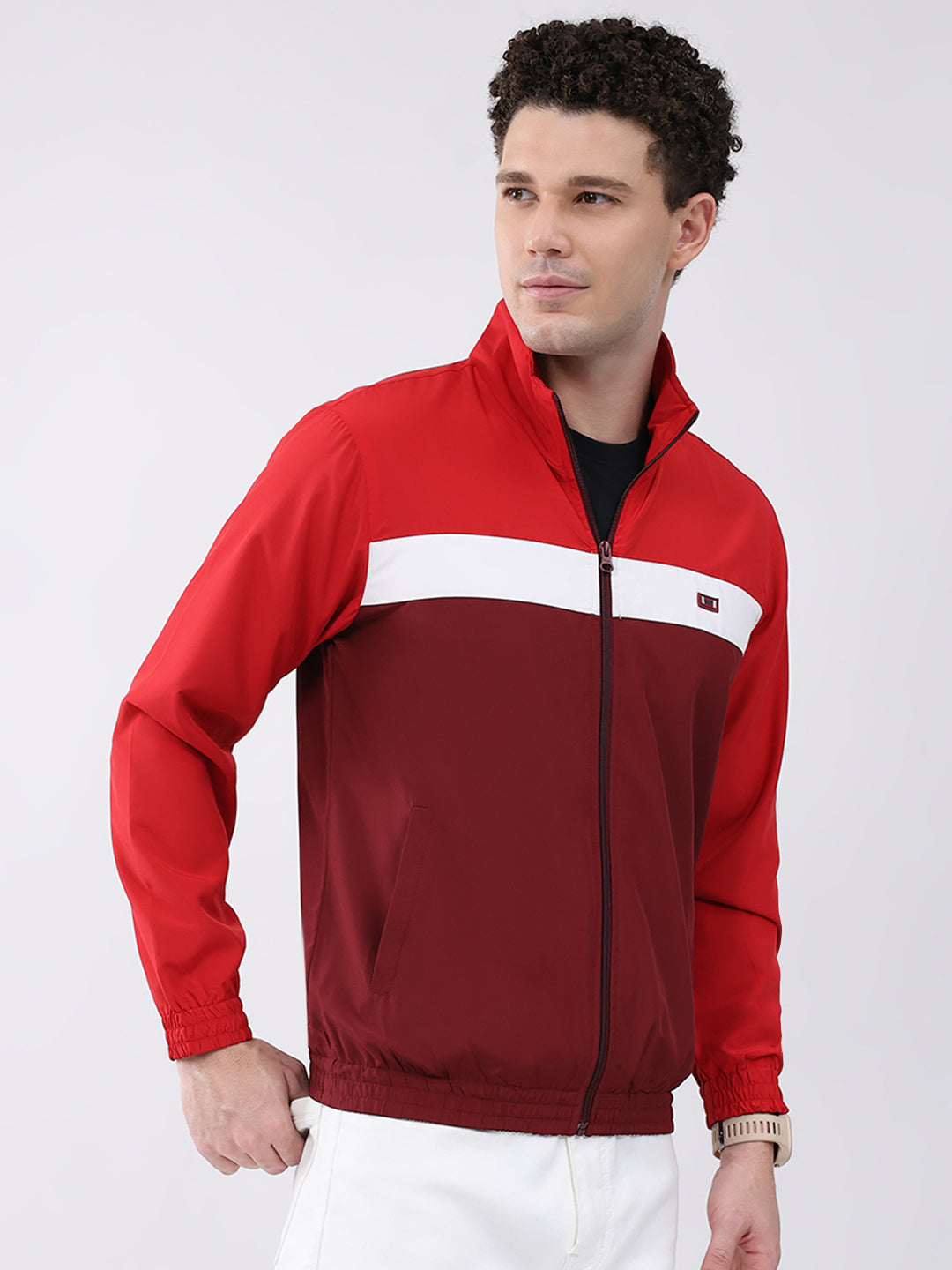 Men Maroon Printed Collar Full Sleeve Jacket