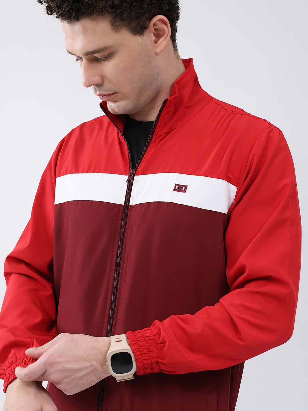 Men Maroon Printed Collar Full Sleeve Jacket