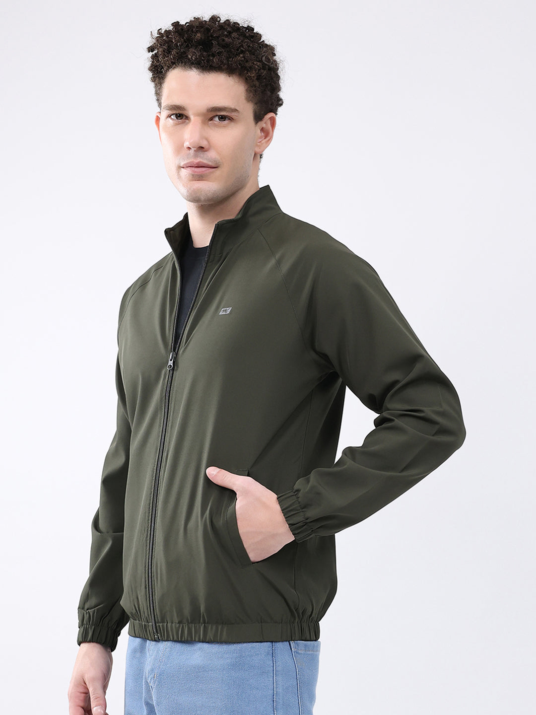 Men Dark Green Printed Collar Full Sleeve Jacket