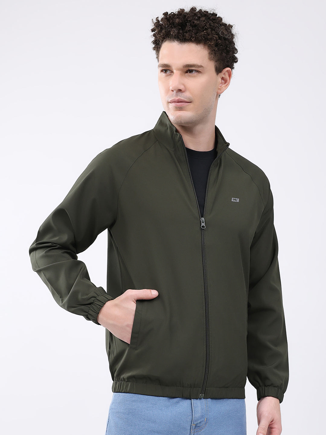 Men Dark Green Printed Collar Full Sleeve Jacket