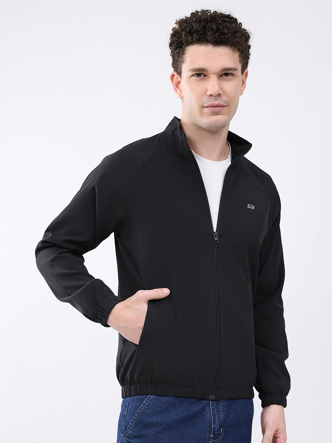 Men Black Printed Collar Full Sleeve Jacket