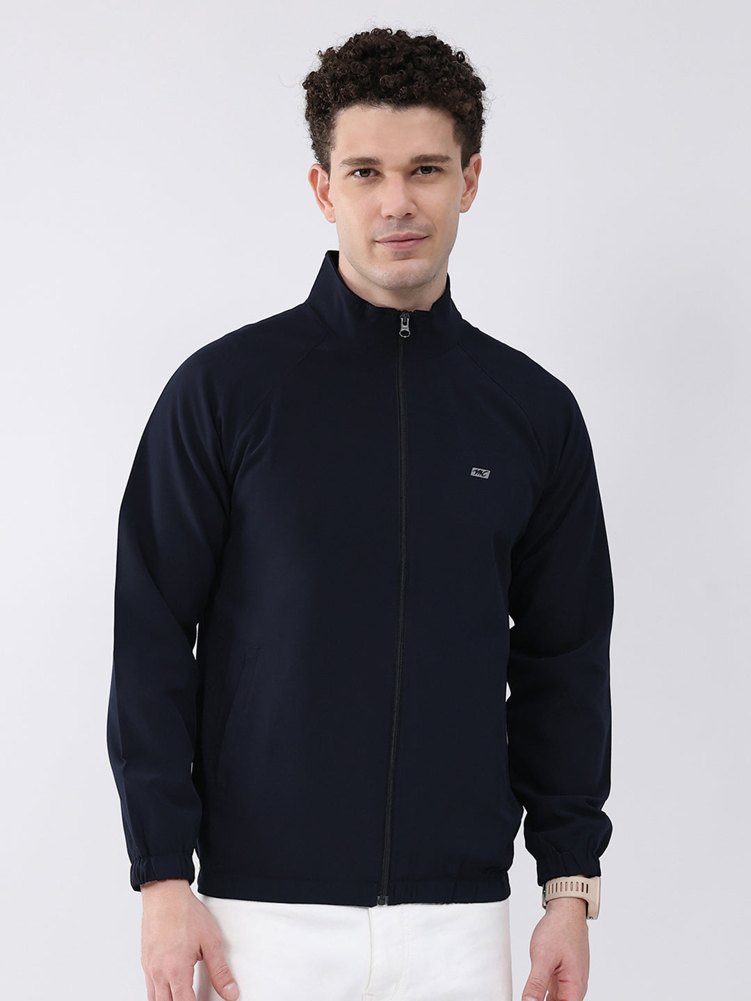 Men Navy Blue Printed Collar Full Sleeve Jacket