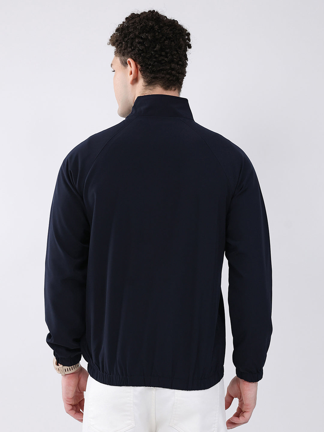 Men Navy Blue Printed Collar Full Sleeve Jacket