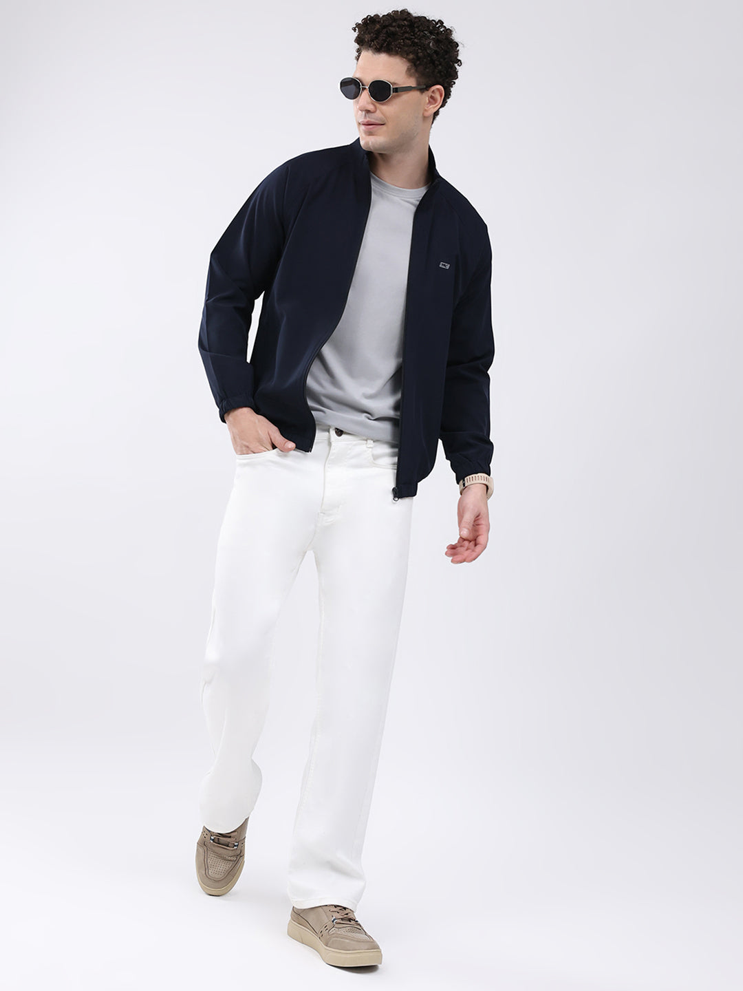 Men Navy Blue Printed Collar Full Sleeve Jacket