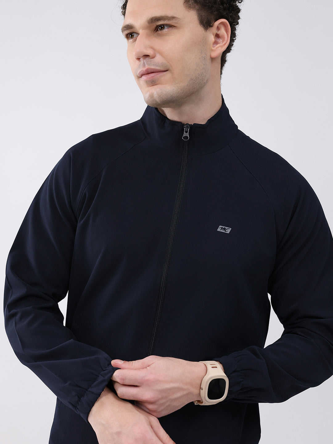 Men Navy Blue Printed Collar Full Sleeve Jacket