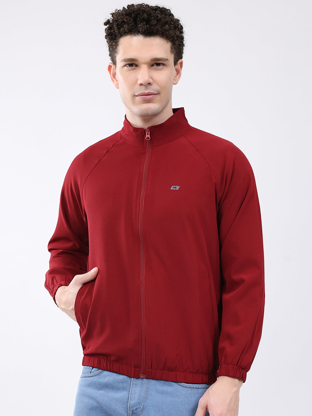 Men Maroon Printed Collar Full Sleeve Jacket