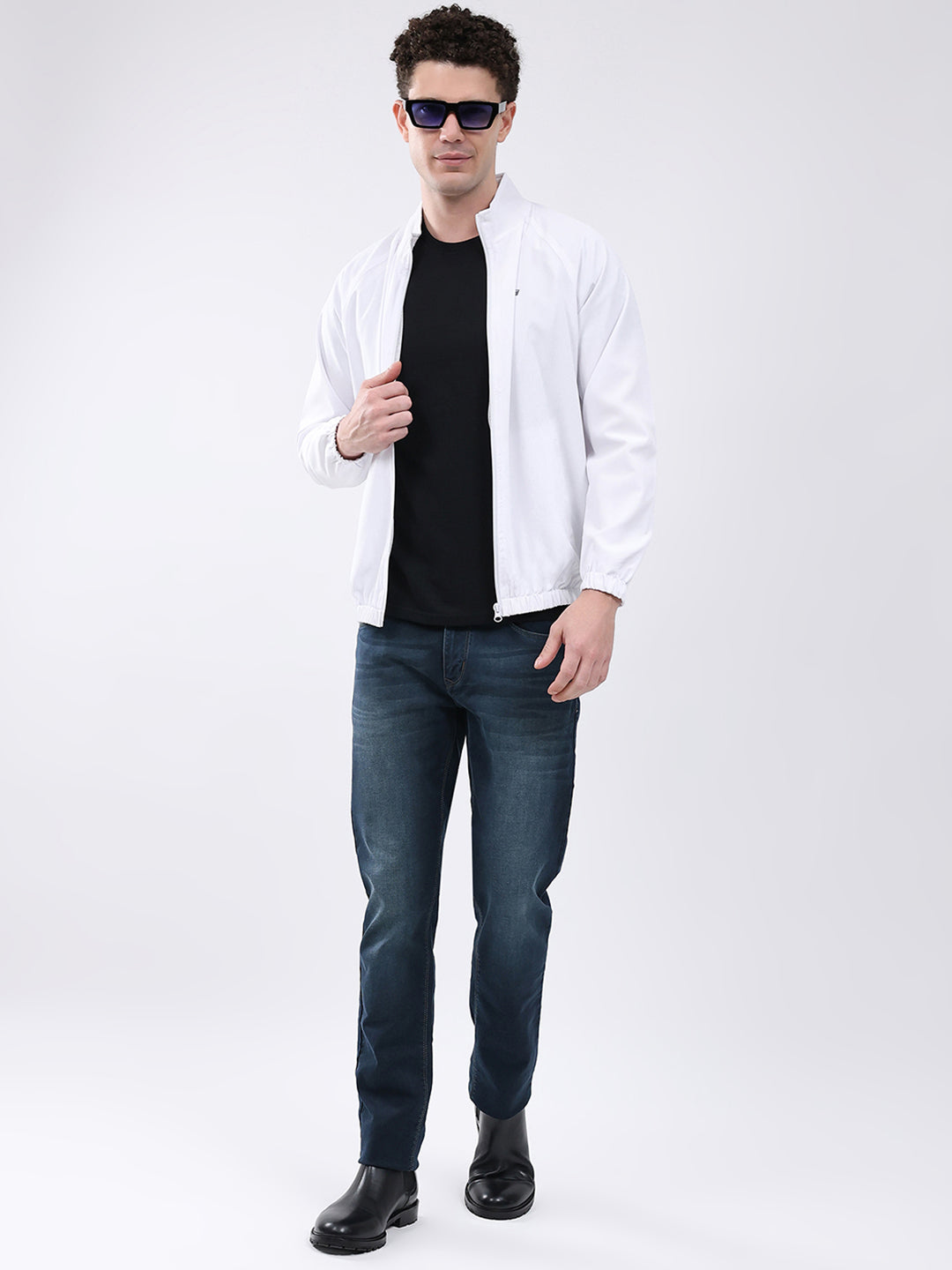 Men White Printed Collar Full Sleeve Jacket