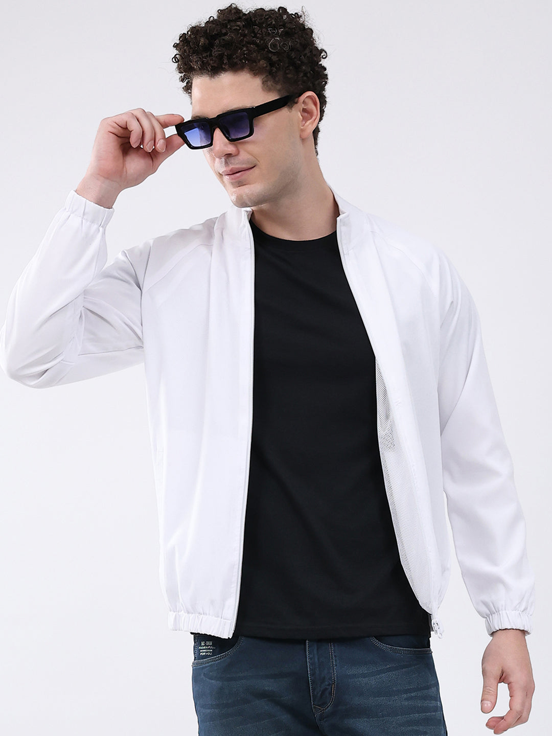 Men White Printed Collar Full Sleeve Jacket
