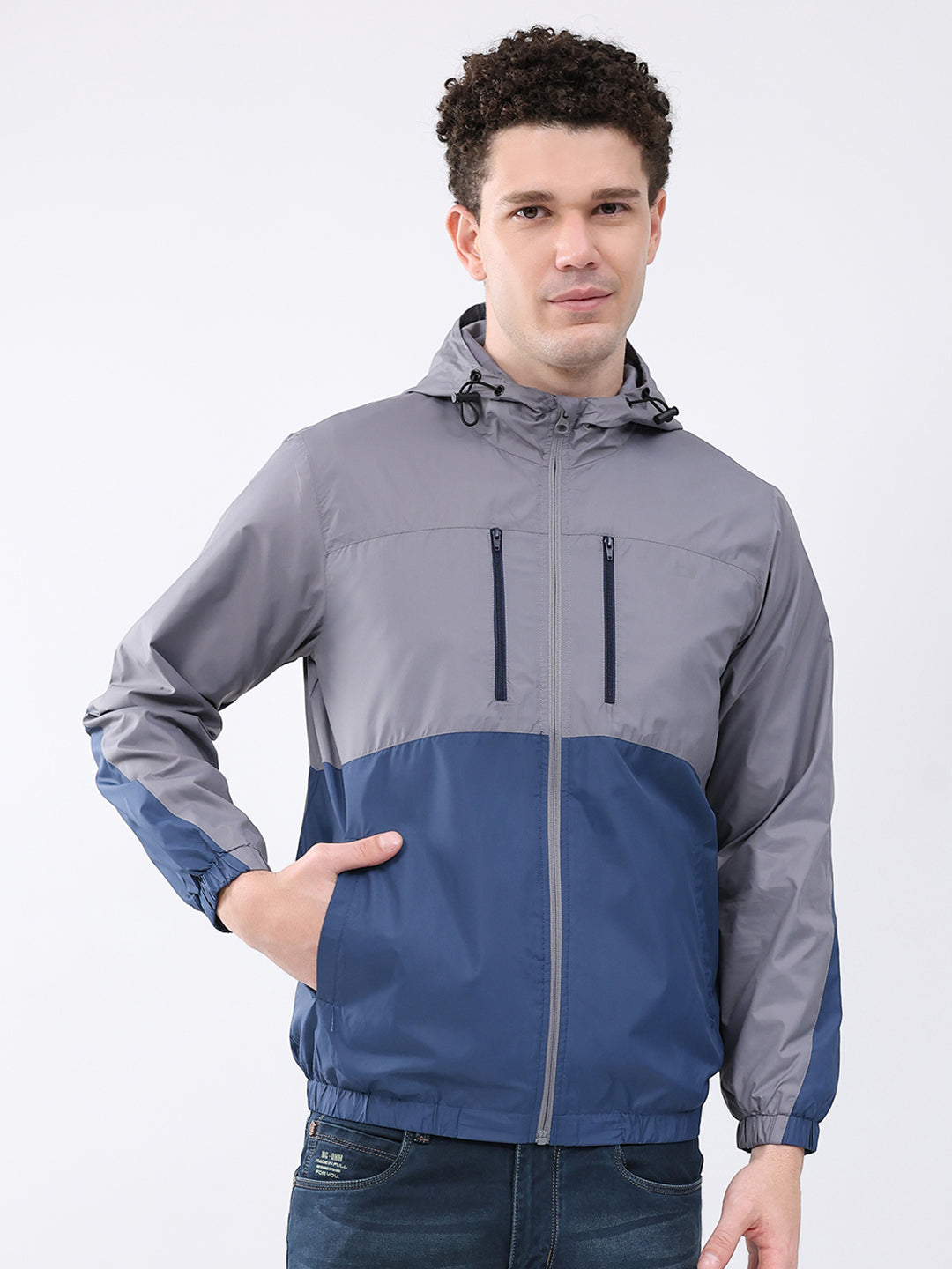Men Grey Printed Collar Full Sleeve Jacket