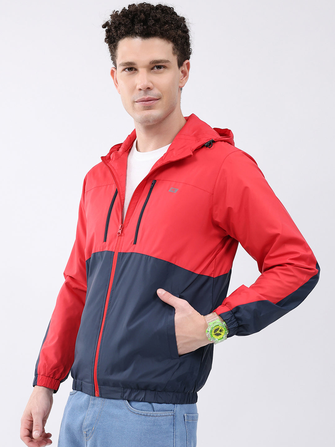 Men Red Printed Collar Full Sleeve Jacket