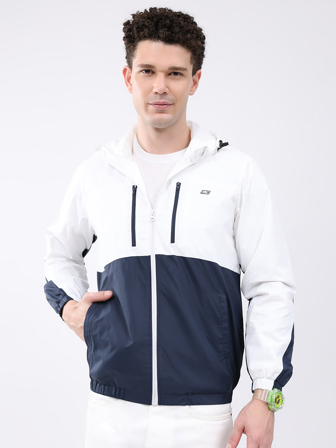 Men White Printed Collar Full Sleeve Jacket