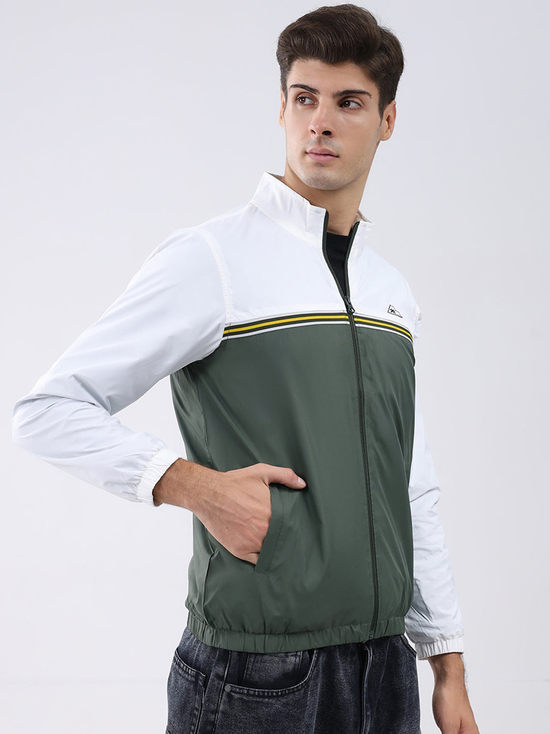 Men Dark Green Self Design Stand Collar Full Sleeve Jacket