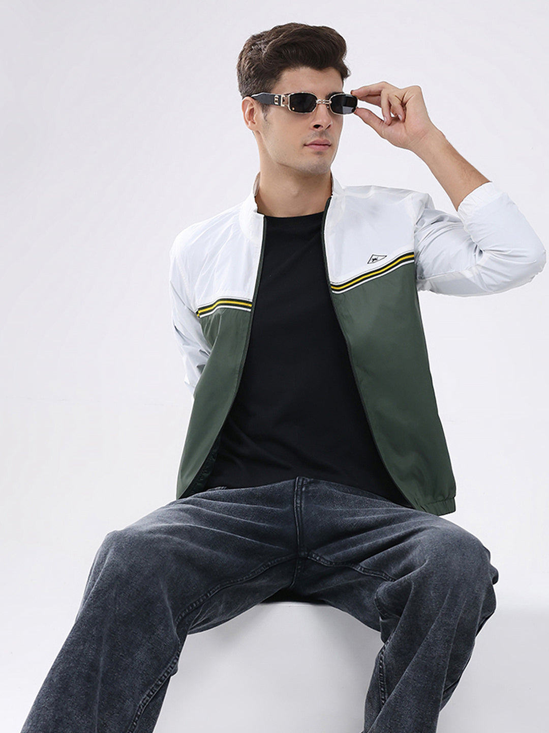 Men Dark Green Self Design Stand Collar Full Sleeve Jacket