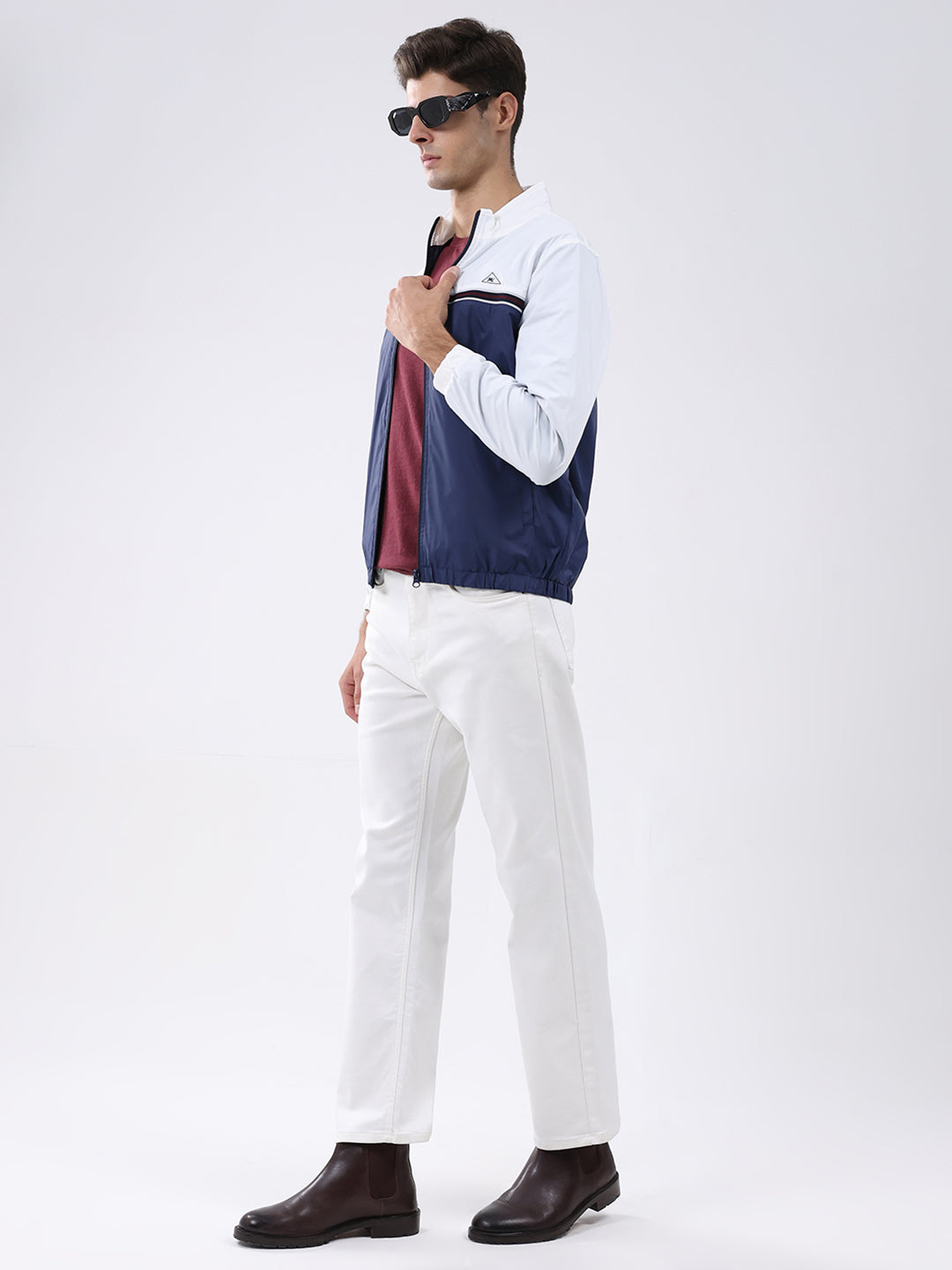 Men Navy Blue Self Design Stand Collar Full Sleeve Jacket