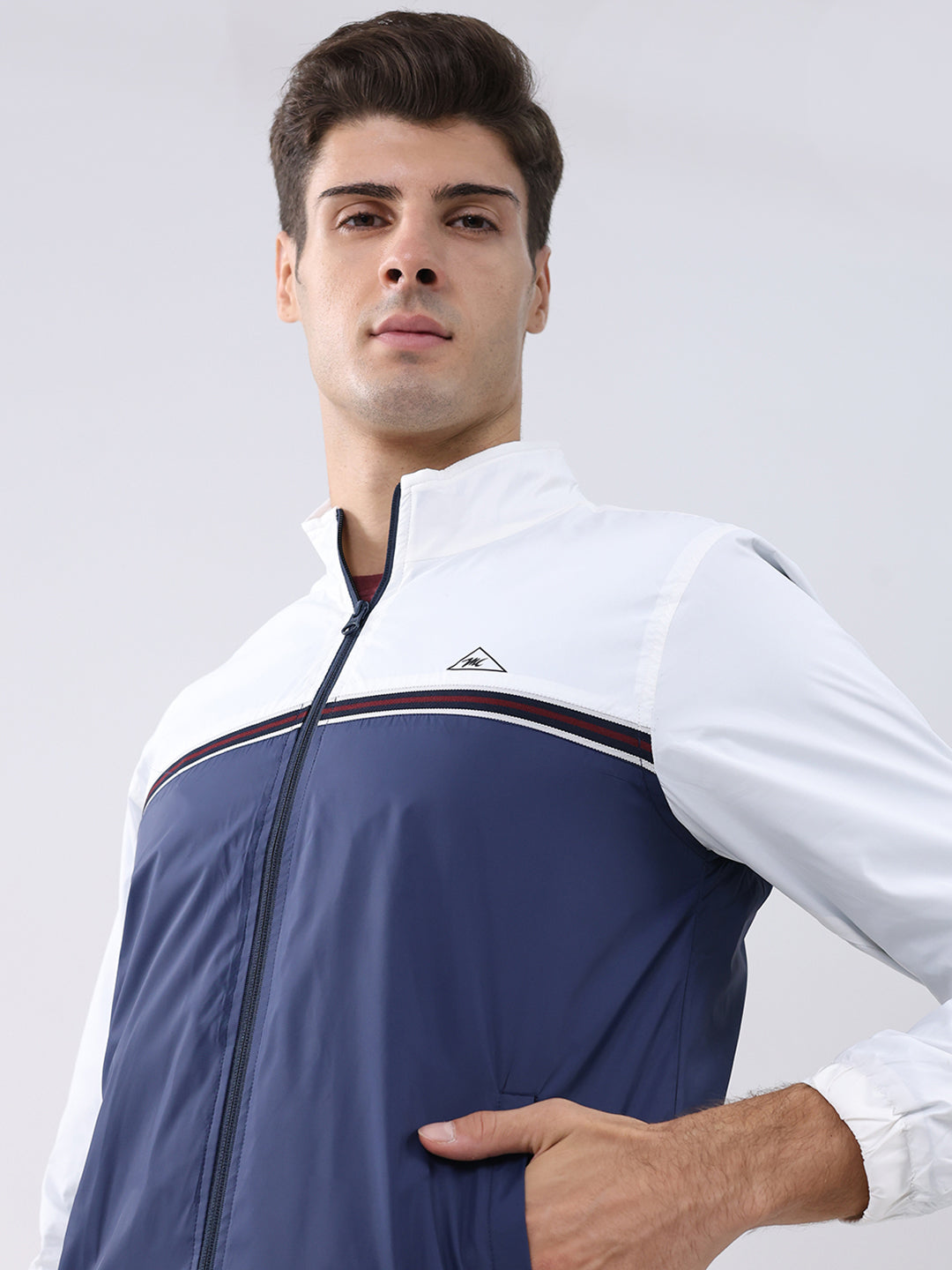 Men Navy Blue Self Design Stand Collar Full Sleeve Jacket