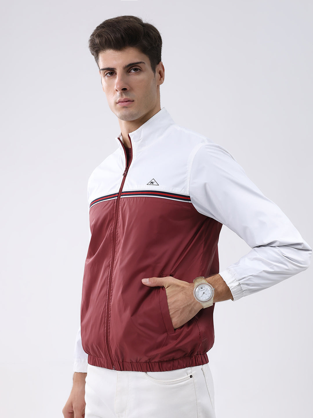 Men Maroon Self Design Stand Collar Full Sleeve Jacket