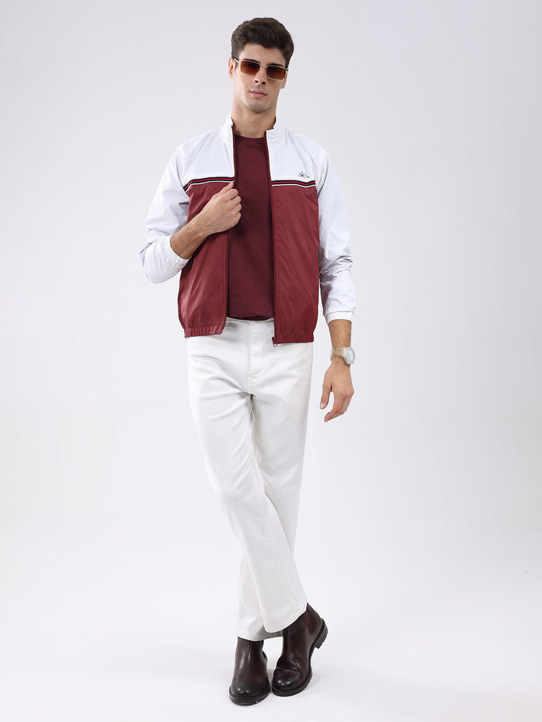 Men Maroon Self Design Stand Collar Full Sleeve Jacket