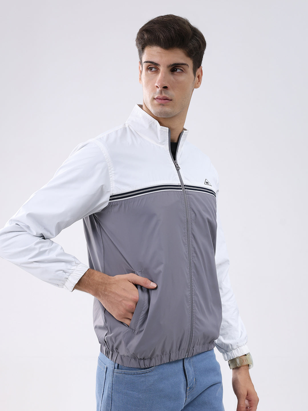 Men Grey Self Design Stand Collar Full Sleeve Jacket
