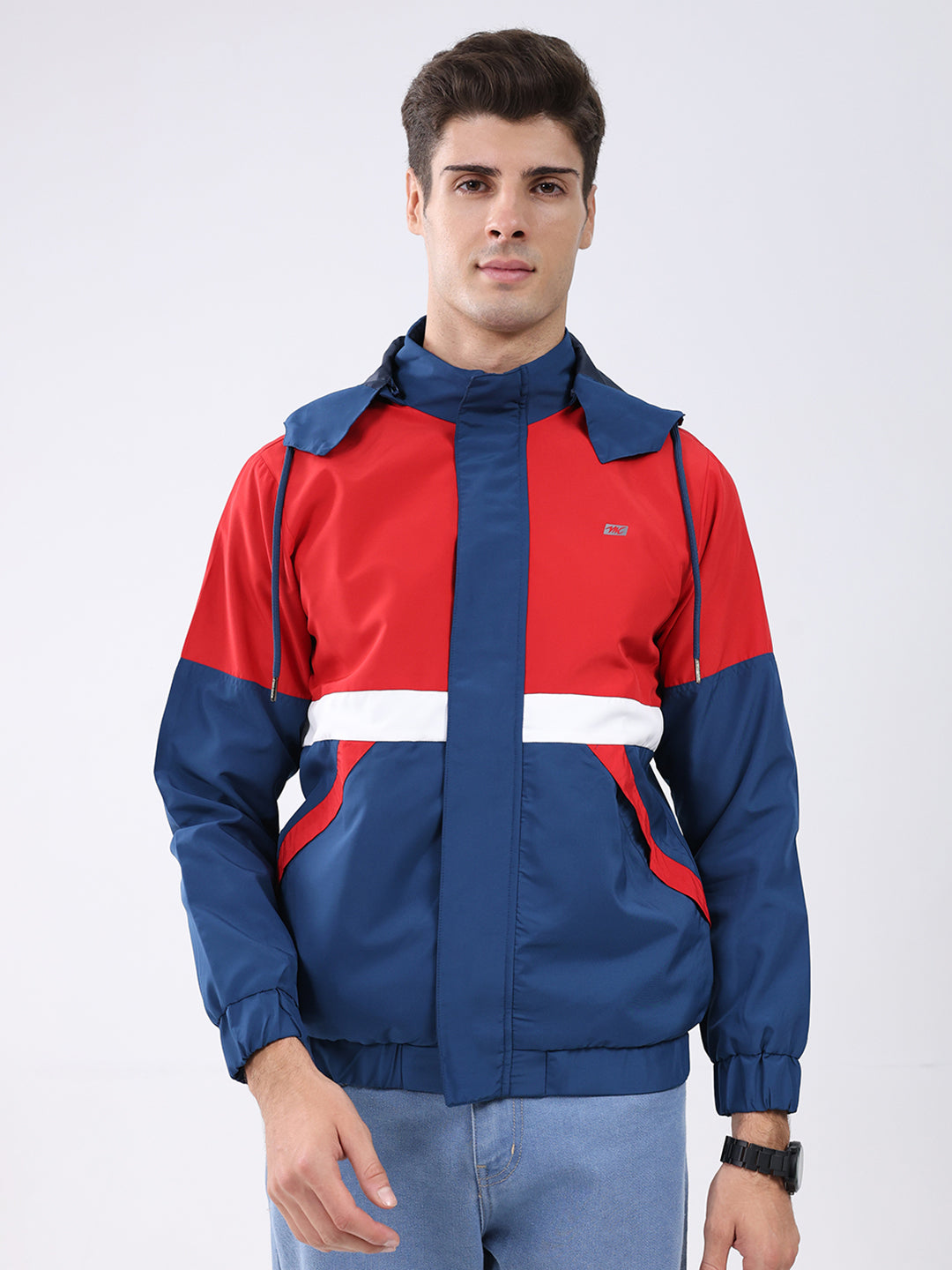 Men Red Colourblocked Hooded Full Sleeve Jacket