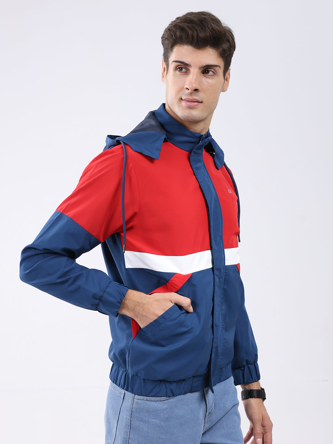 Men Red Colourblocked Hooded Full Sleeve Jacket