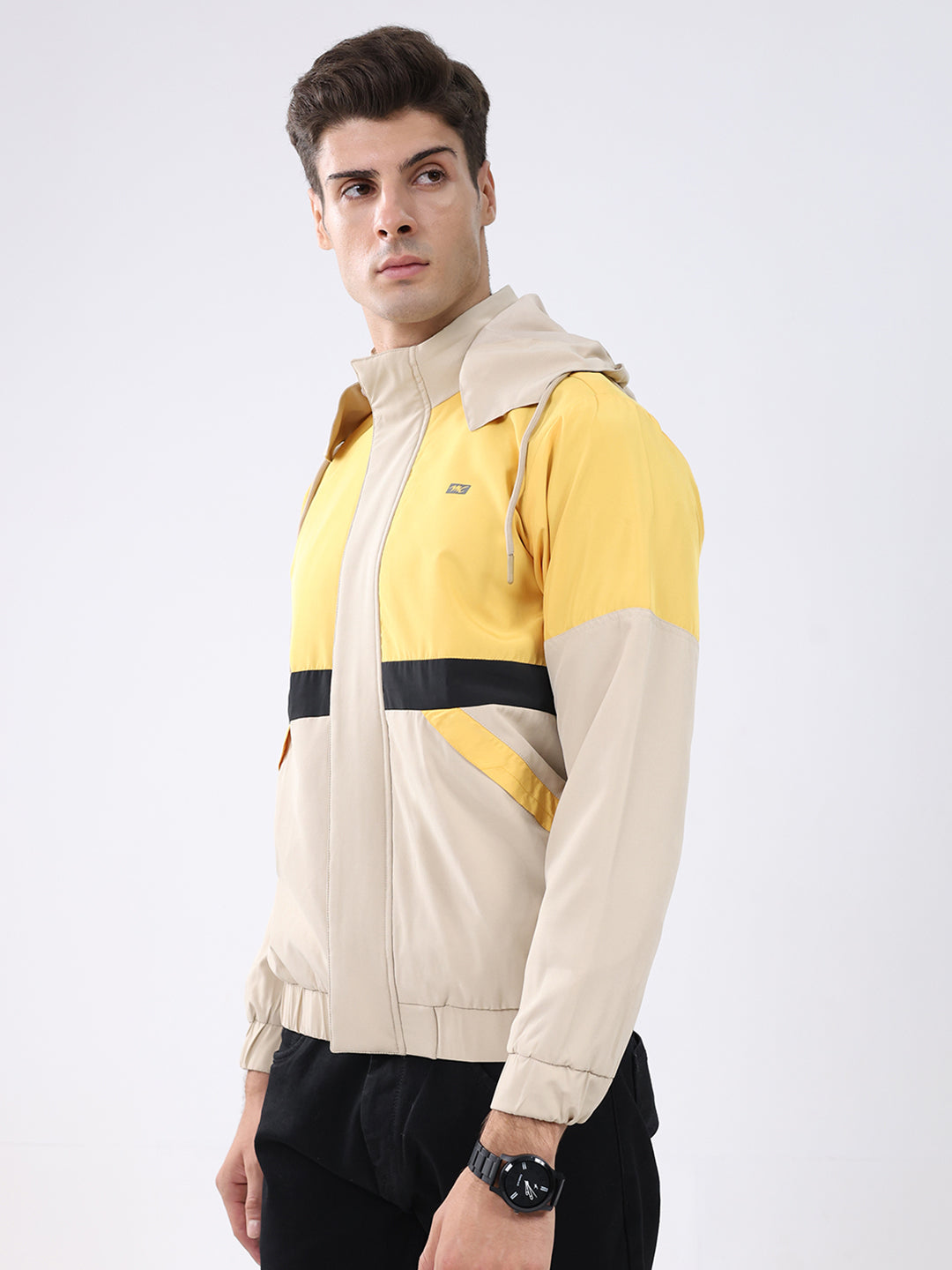 Men Yellow Colourblocked Hooded Full Sleeve Jacket