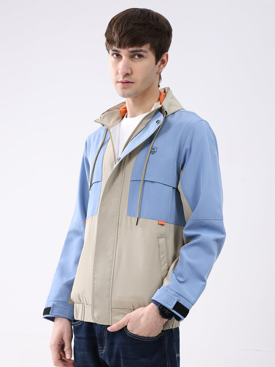 Men Sky Blue Printed Collar Full Sleeve Jacket