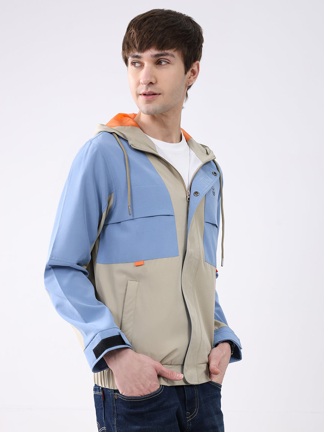 Men Sky Blue Printed Collar Full Sleeve Jacket