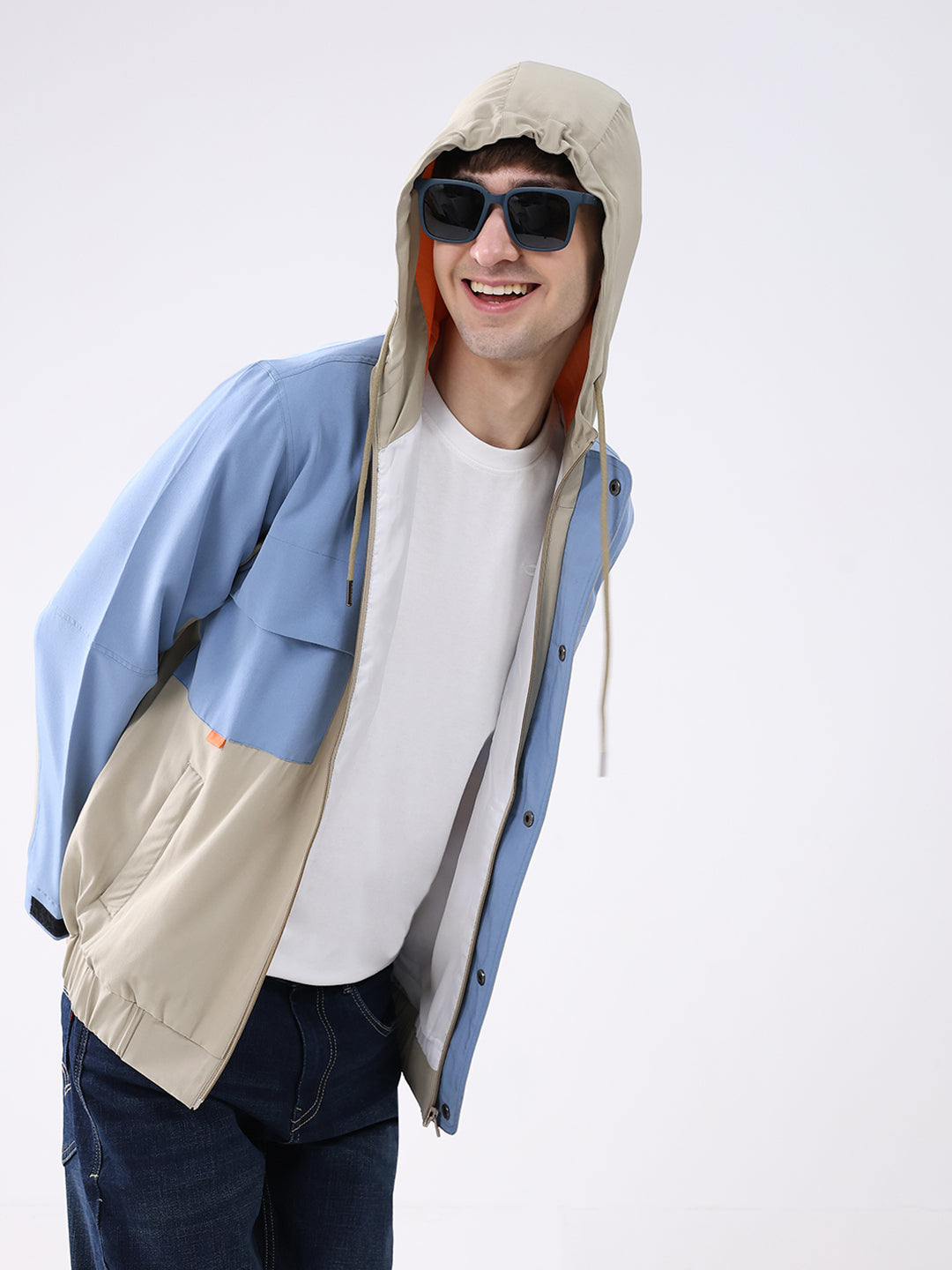 Men Sky Blue Printed Collar Full Sleeve Jacket