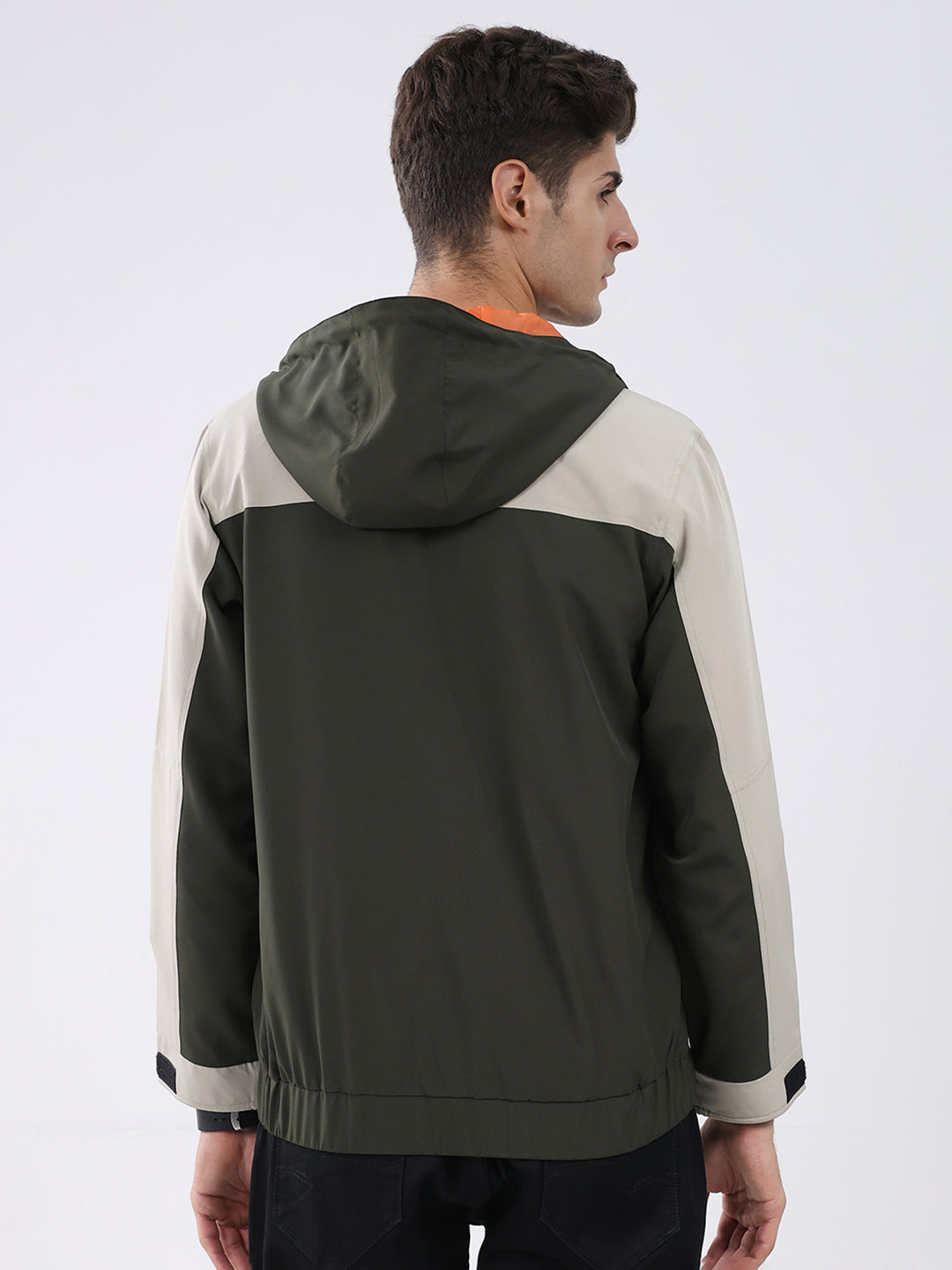 Men Olive Colourblocked Hooded Full Sleeve Jacket