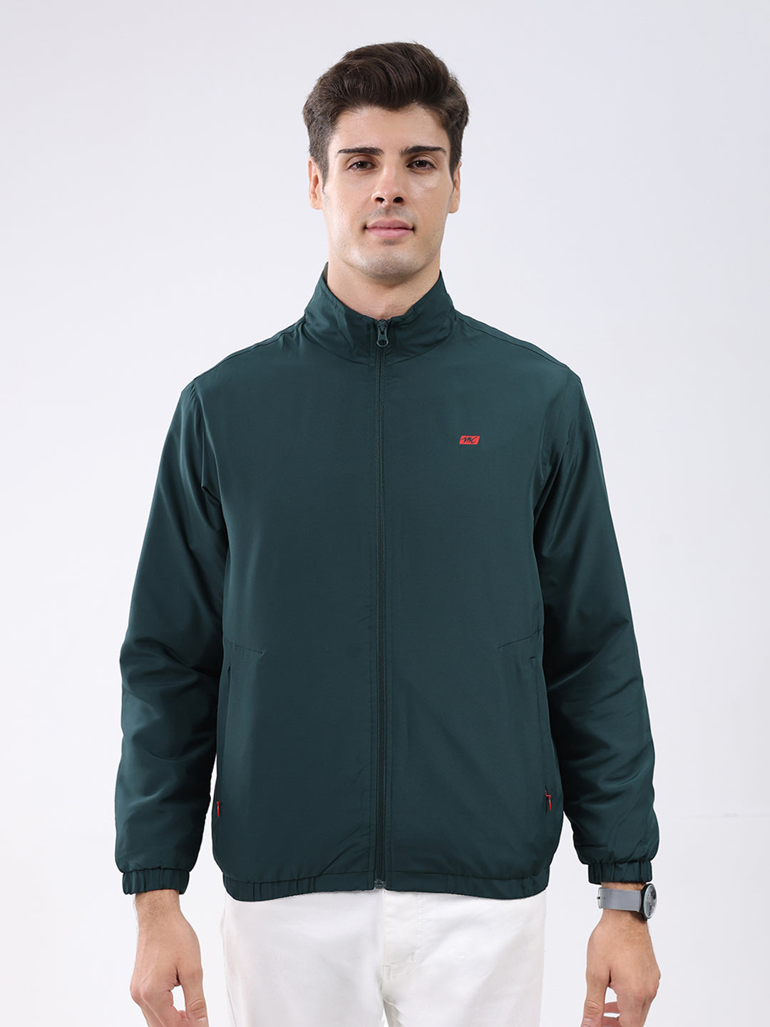 Men Dark Green Solid Stand Collar Full Sleeve Jacket