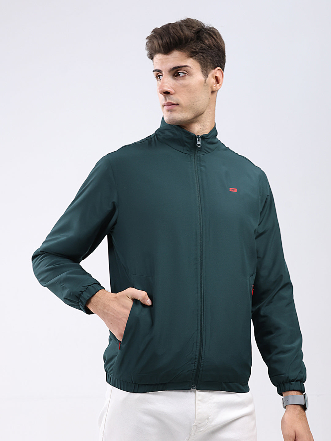 Men Dark Green Solid Stand Collar Full Sleeve Jacket