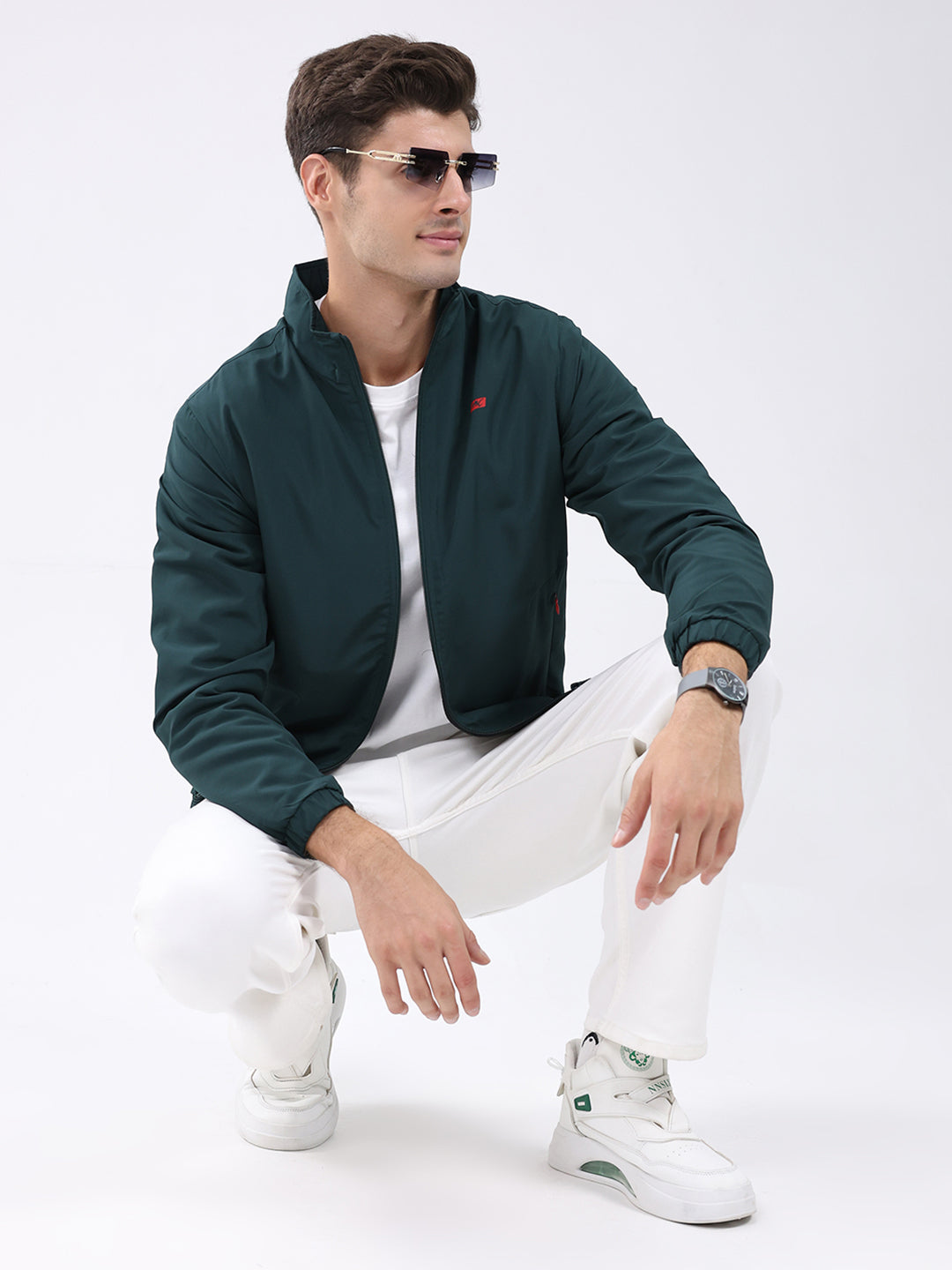Men Dark Green Solid Stand Collar Full Sleeve Jacket