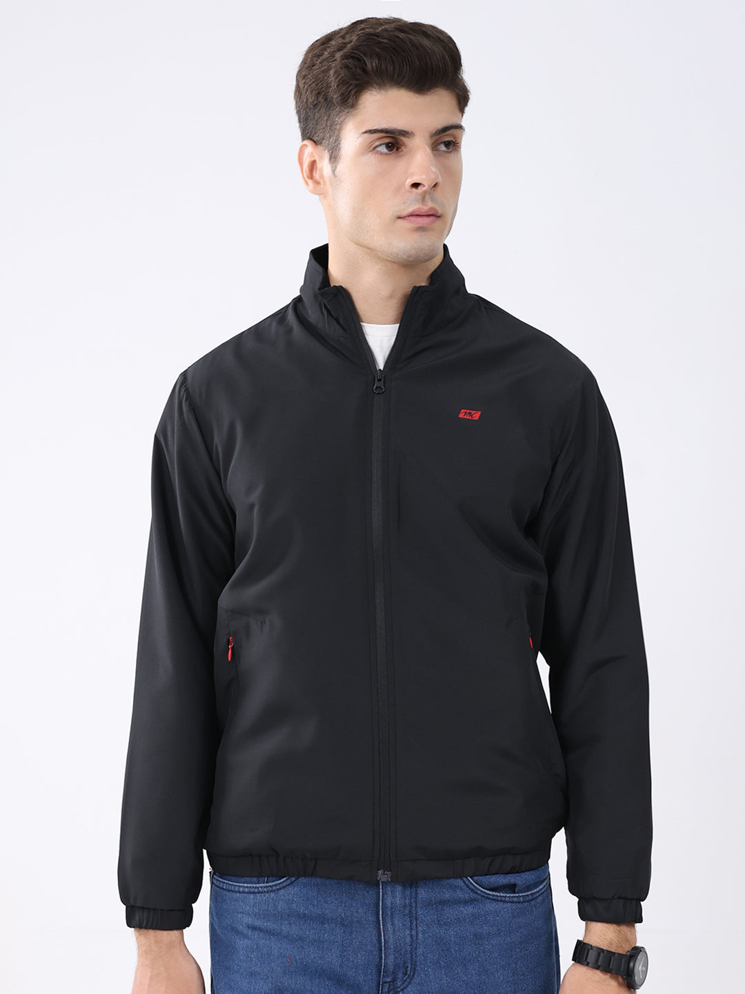 Men Black Solid Stand Collar Full Sleeve Jacket