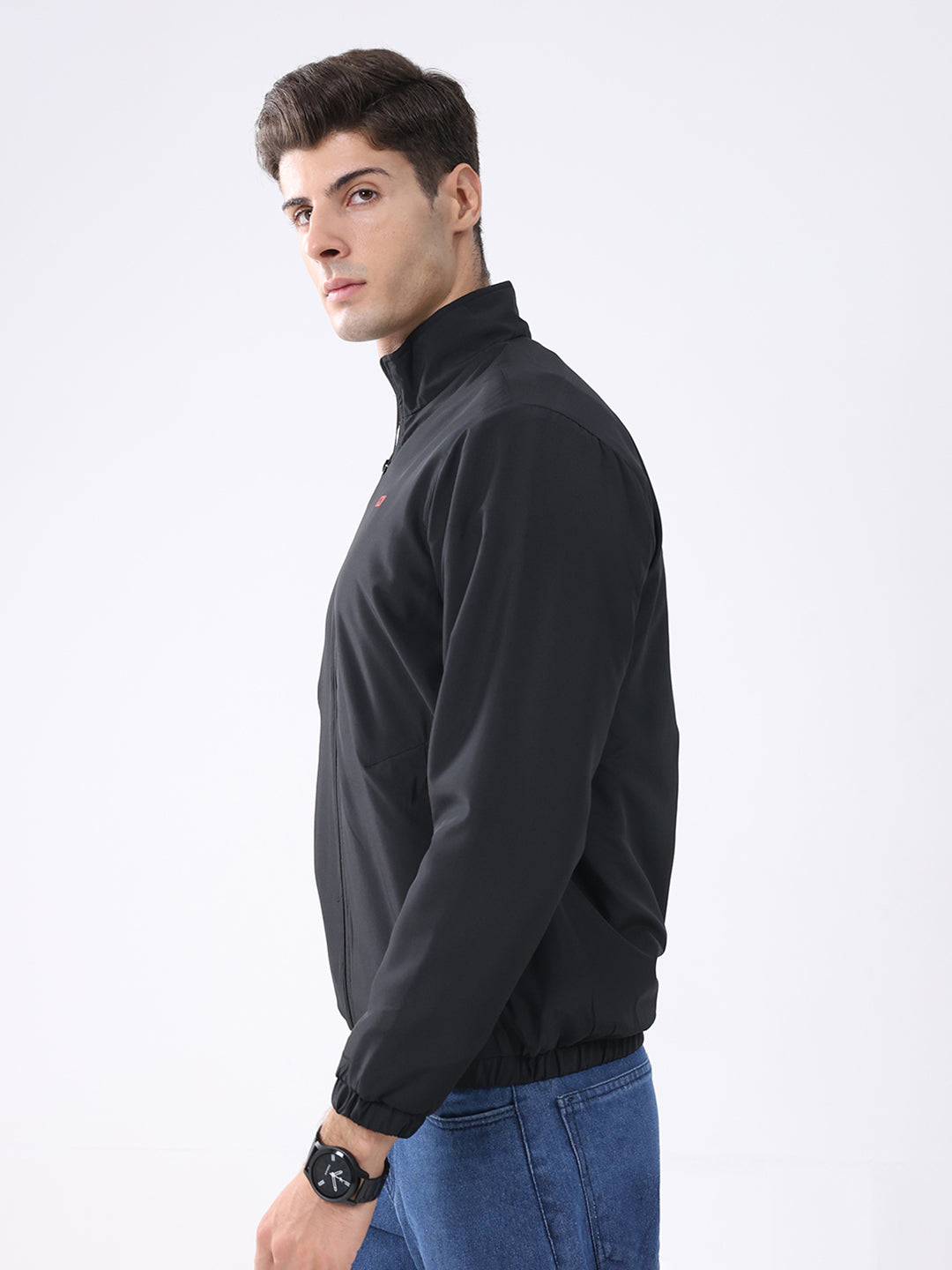 Men Black Solid Stand Collar Full Sleeve Jacket