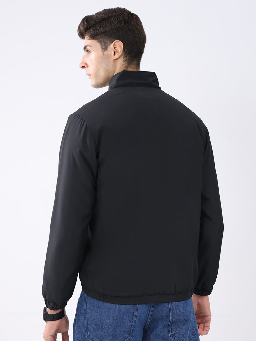 Men Black Solid Stand Collar Full Sleeve Jacket