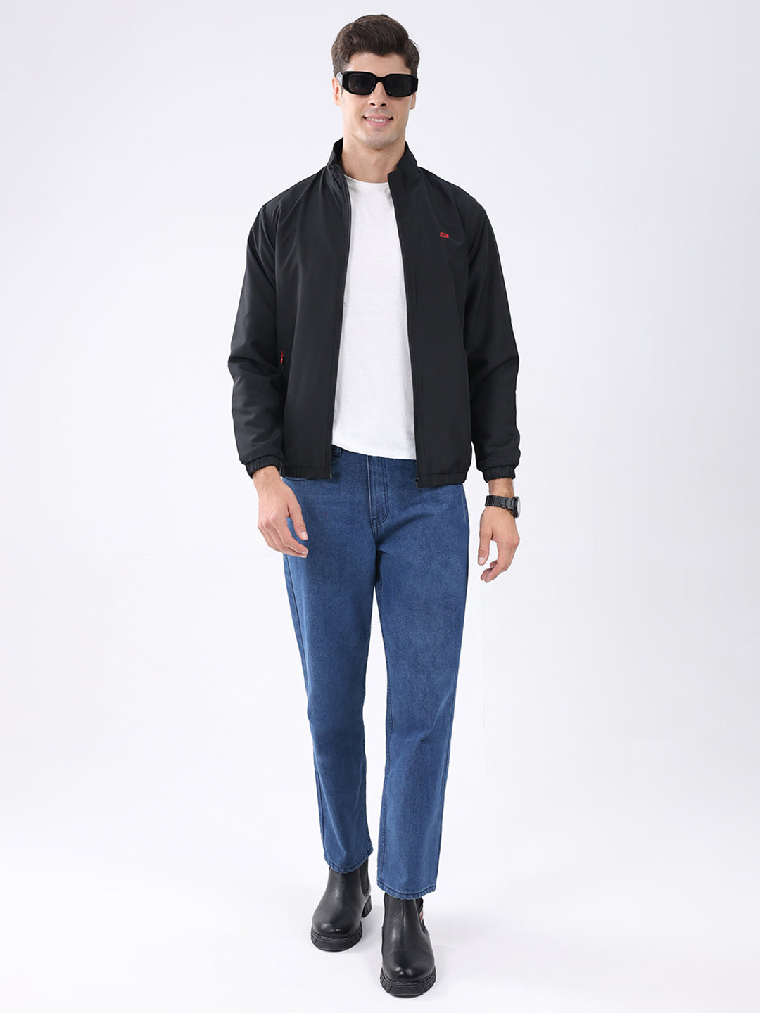 Men Black Solid Stand Collar Full Sleeve Jacket