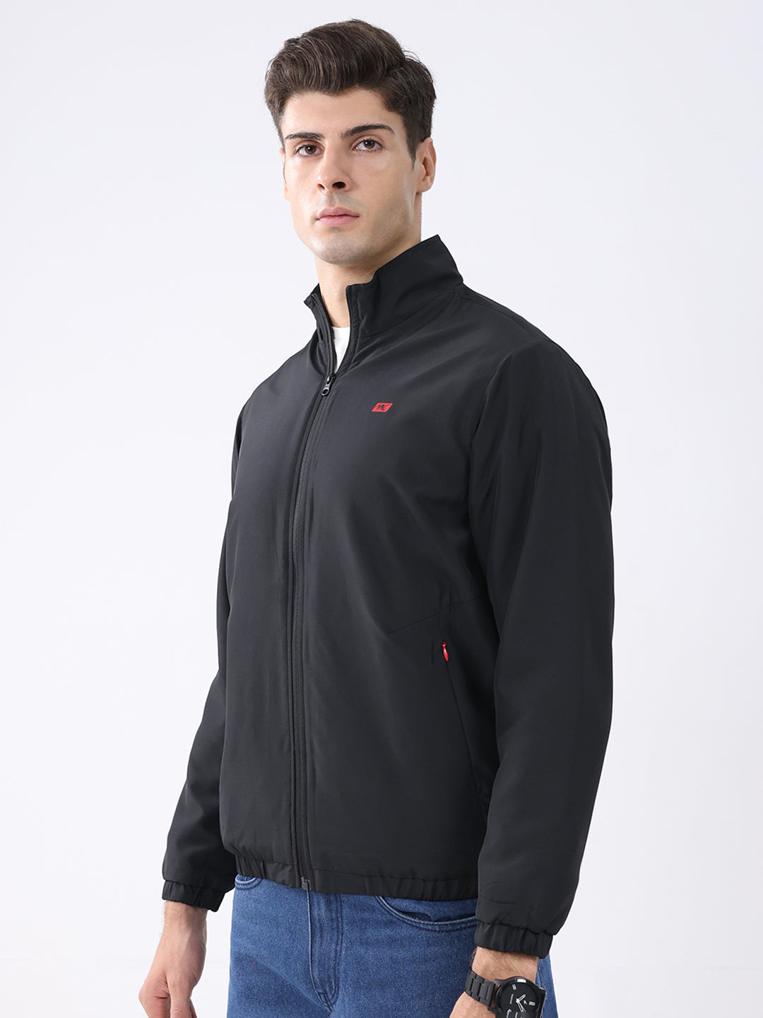Men Black Solid Stand Collar Full Sleeve Jacket