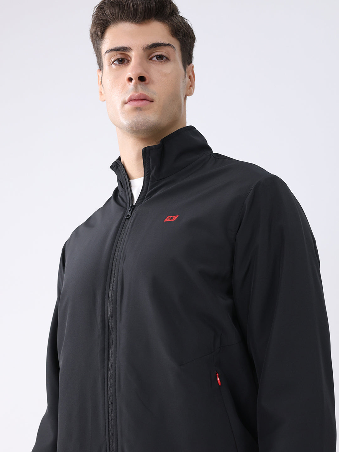 Men Black Solid Stand Collar Full Sleeve Jacket