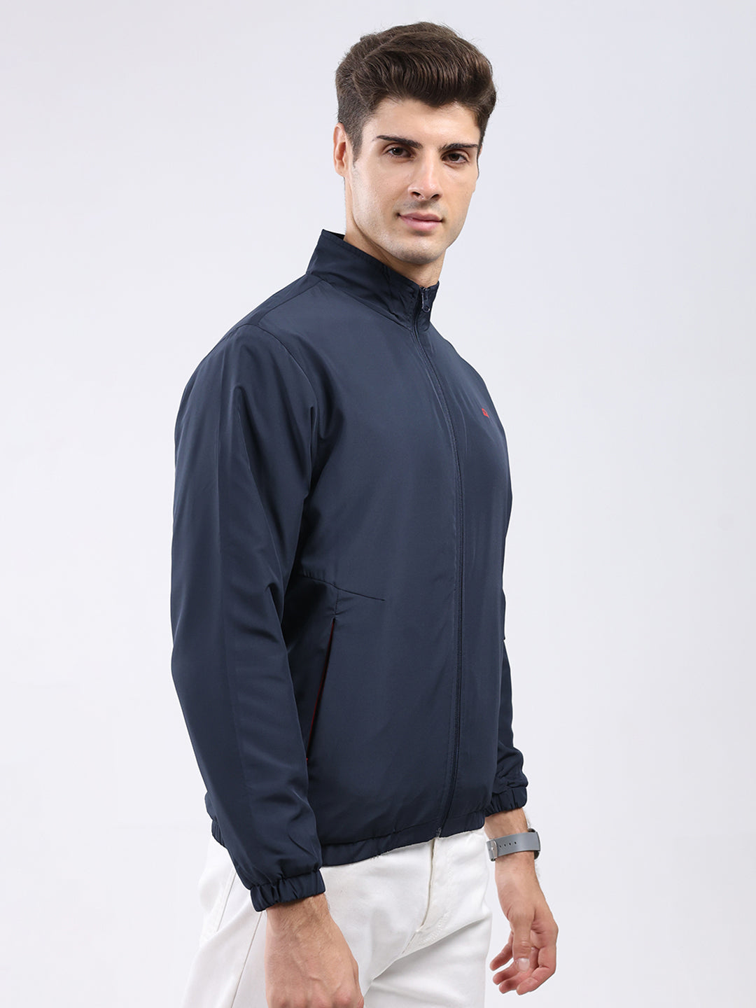 Men Navy Blue Solid Stand Collar Full Sleeve Jacket