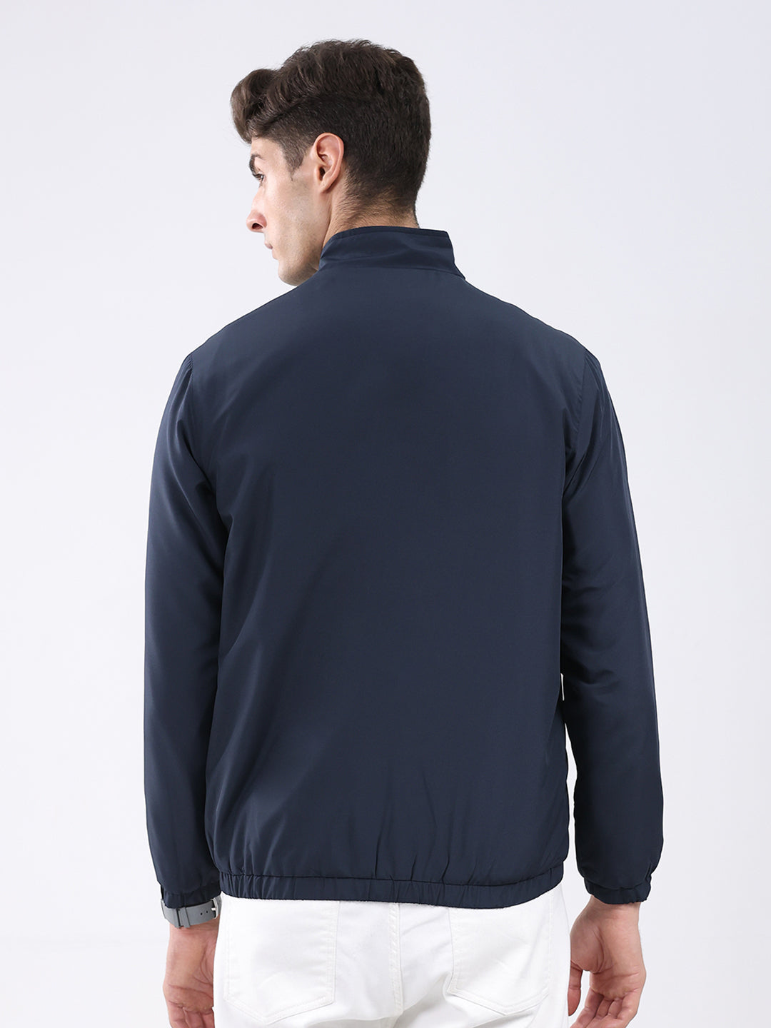 Men Navy Blue Solid Stand Collar Full Sleeve Jacket