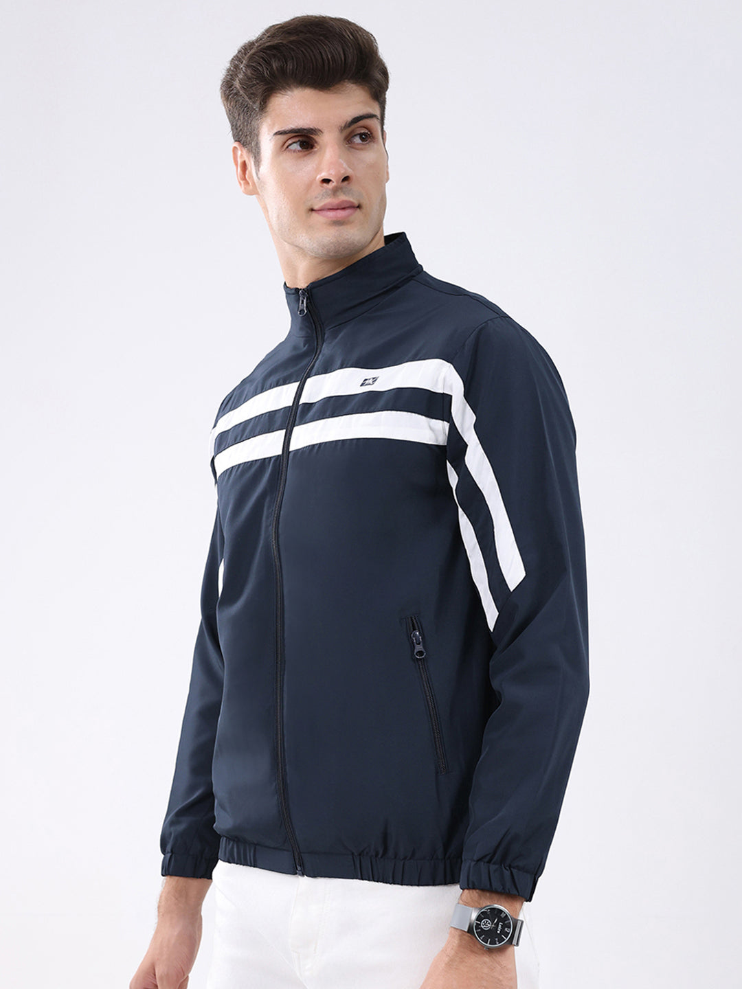 Men Navy Blue Stripe Stand Collar Full Sleeve Jacket