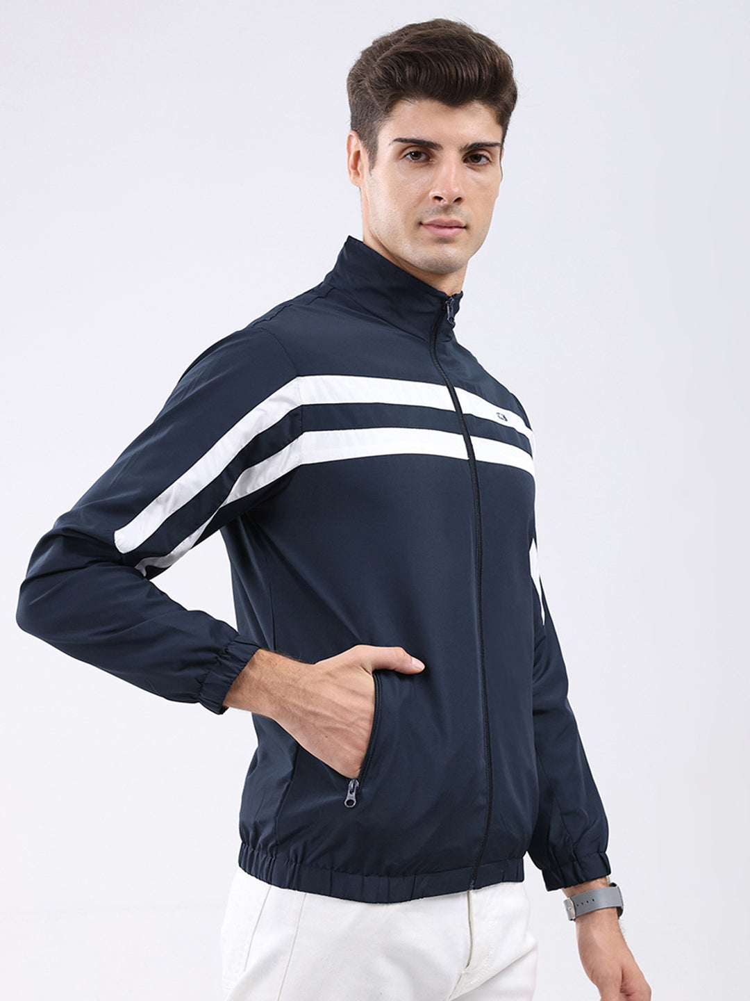 Men Navy Blue Stripe Stand Collar Full Sleeve Jacket