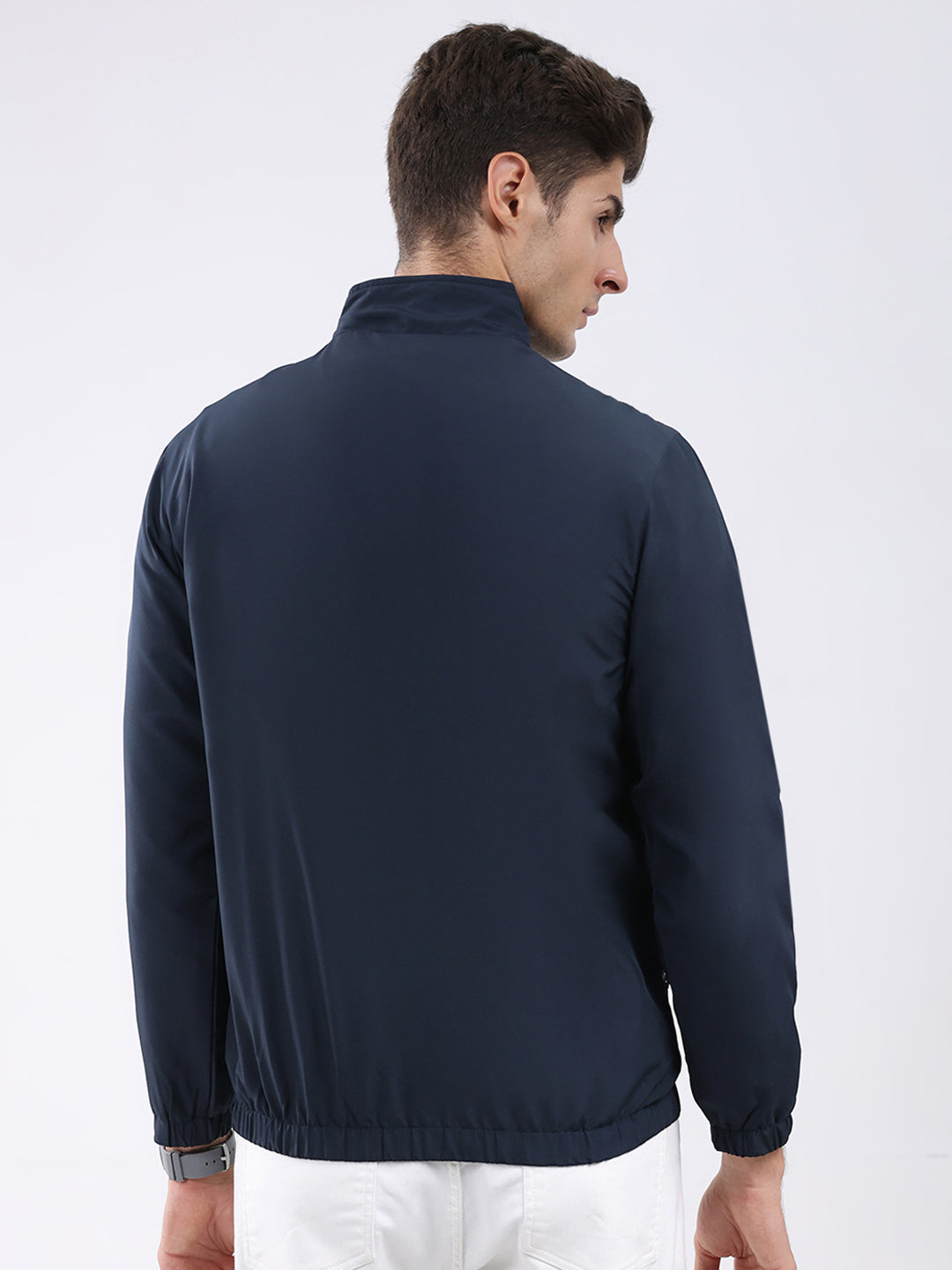 Men Navy Blue Stripe Stand Collar Full Sleeve Jacket