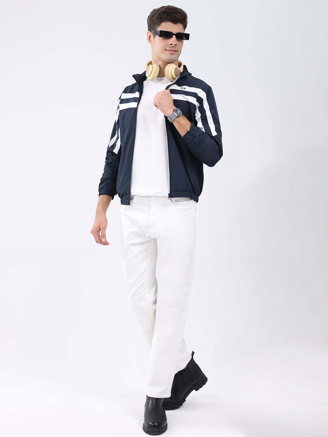 Men Navy Blue Stripe Stand Collar Full Sleeve Jacket