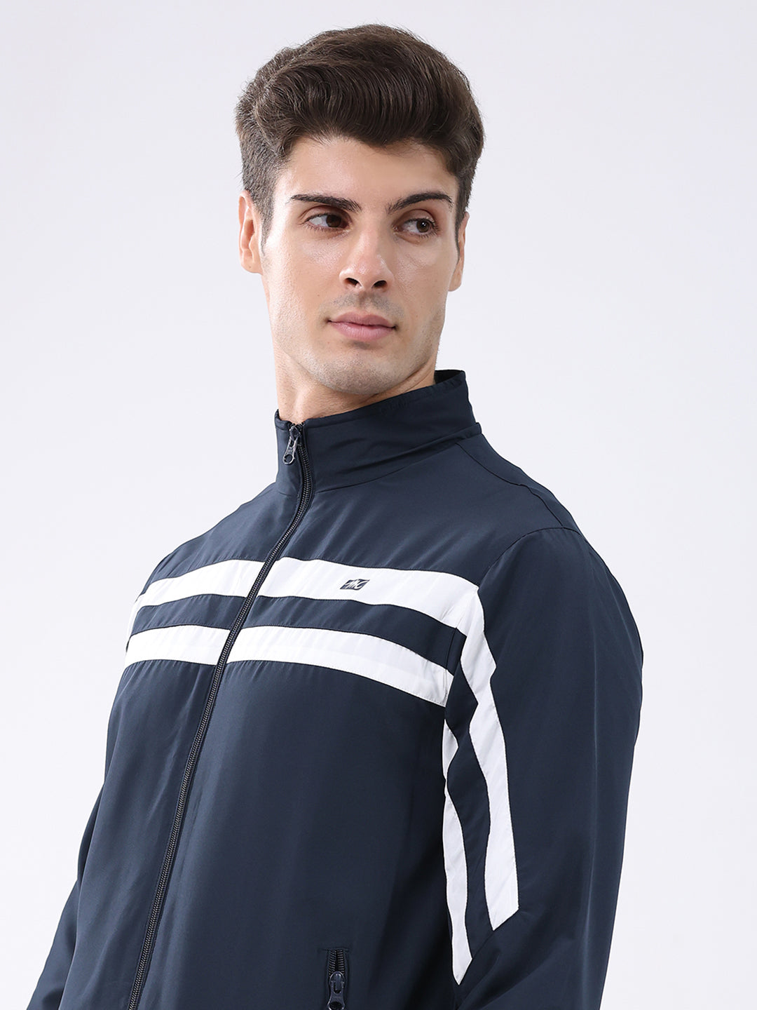 Men Navy Blue Stripe Stand Collar Full Sleeve Jacket
