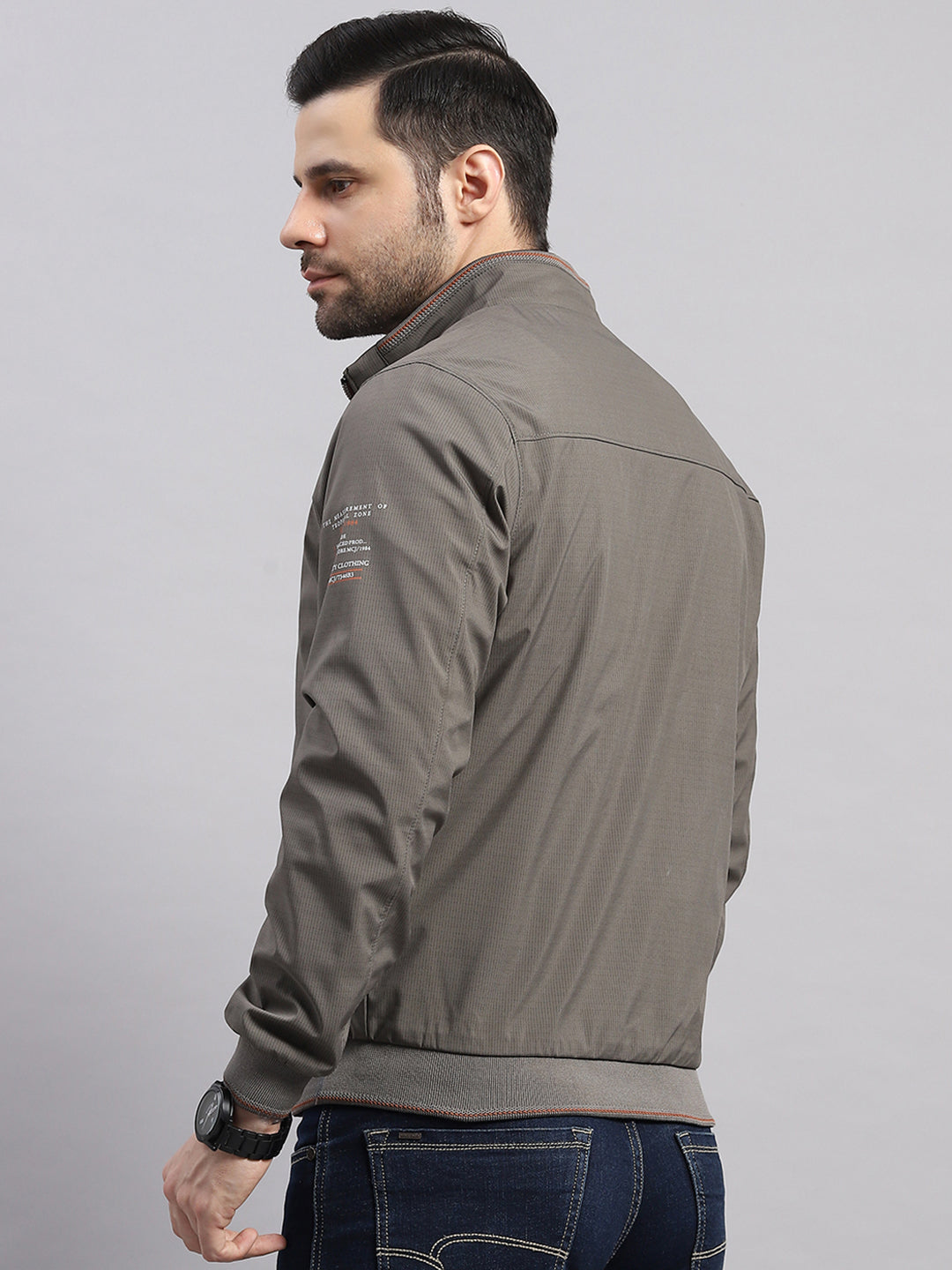 Luxuria Men Grey Solid Stand Collar Full Sleeve Jacket