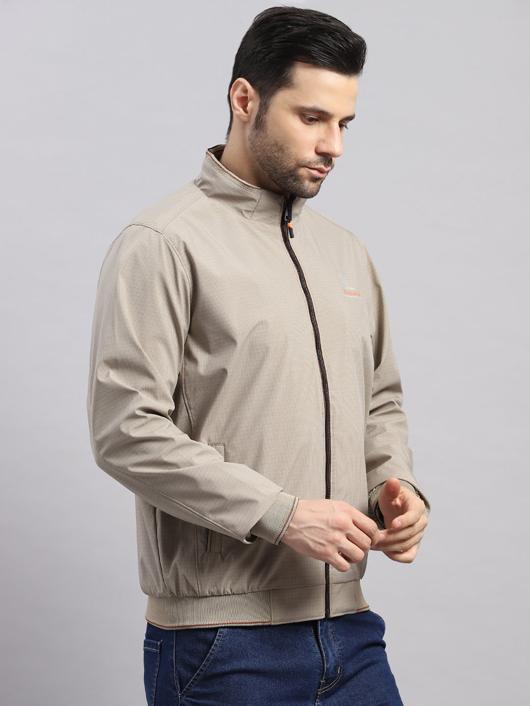 Luxuria Men Beige Solid Stand Collar Full Sleeve Jacket