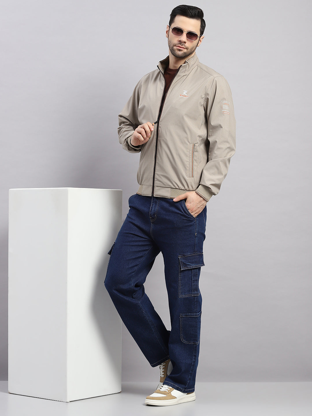 Luxuria Men Beige Solid Stand Collar Full Sleeve Jacket