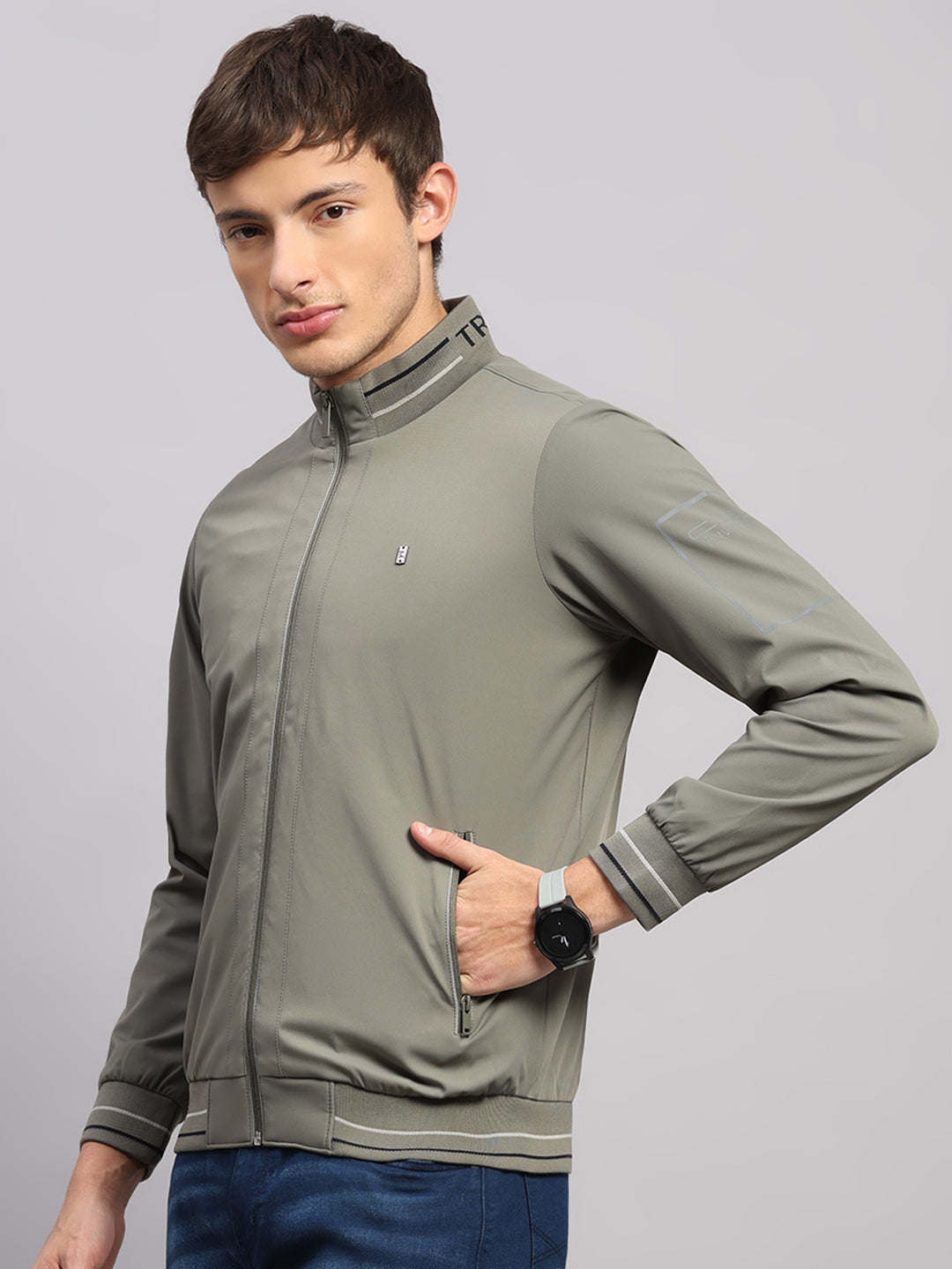 Luxuria Men Olive Solid Mock Neck Full Sleeve Jacket