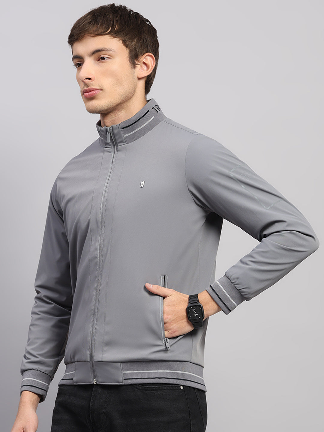 Luxuria Men Grey Solid Mock Neck Full Sleeve Jacket